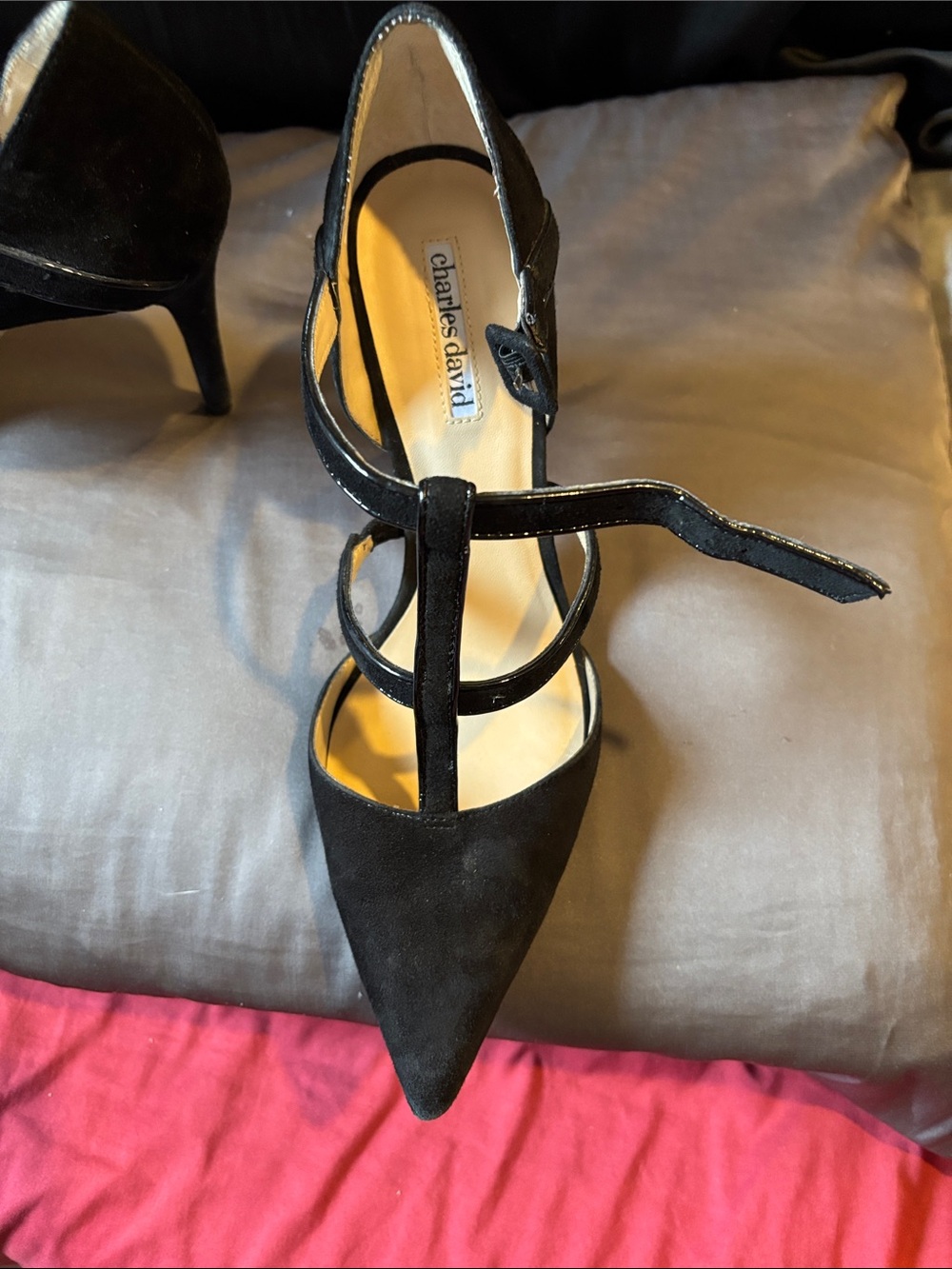 Charles David Black Suede T-Strap Pointed-Toe Pumps